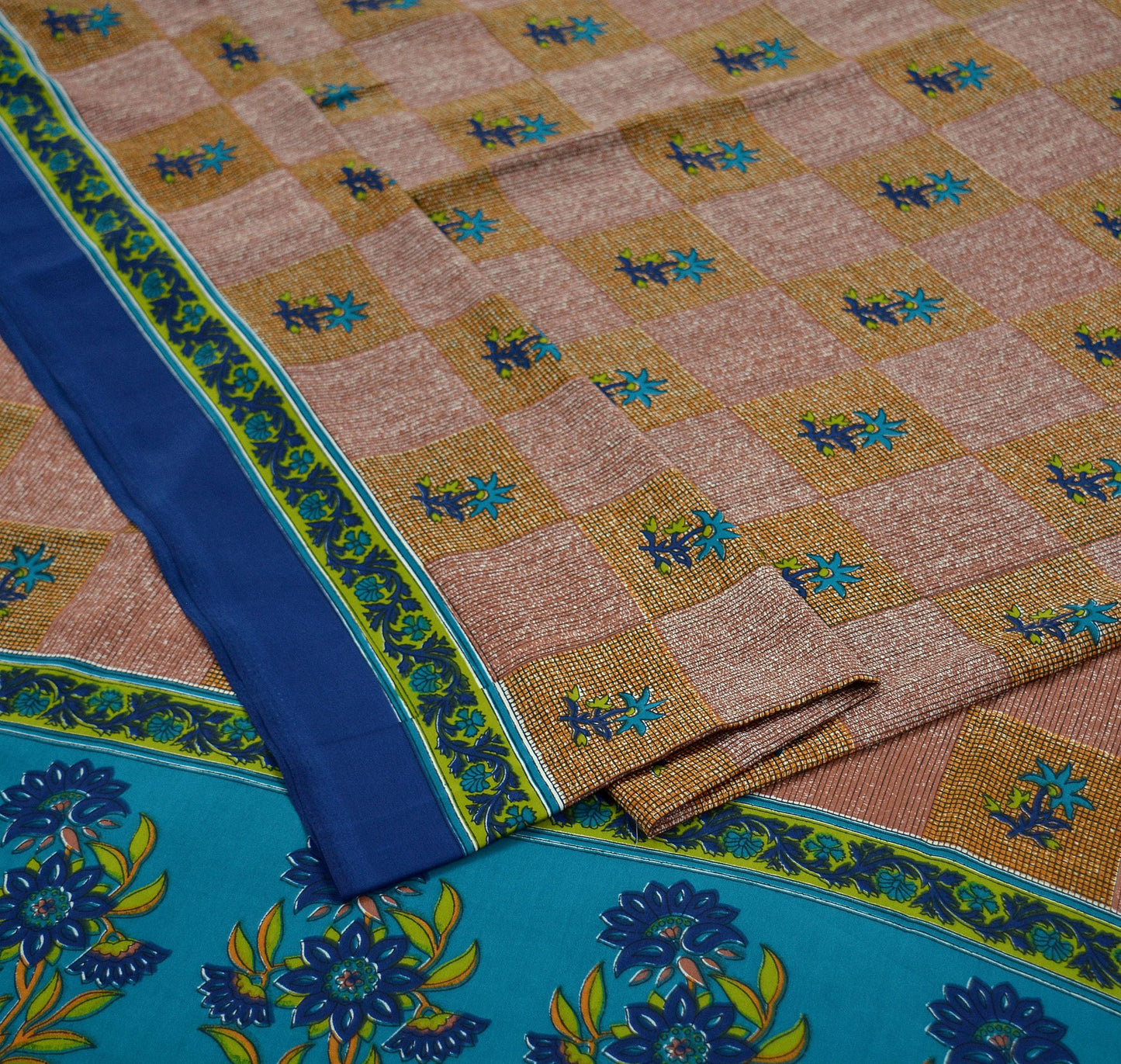 Indian Vintage Sari Brown & Blue Moss Crepe Printed Sarees Craft Fabric 5yd Sewing Floral Soft Dress making Quilting Crafting Upcycle Used
