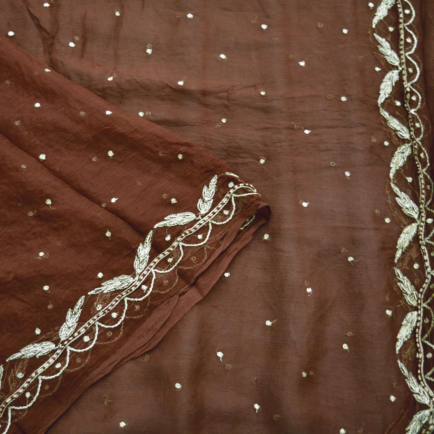 Indian Vintage Brown Dupatta Pure Chiffon silk Long Stole Hand Embroidered Scarves Floral Design Stole Veil Wrap Zari Zardozi