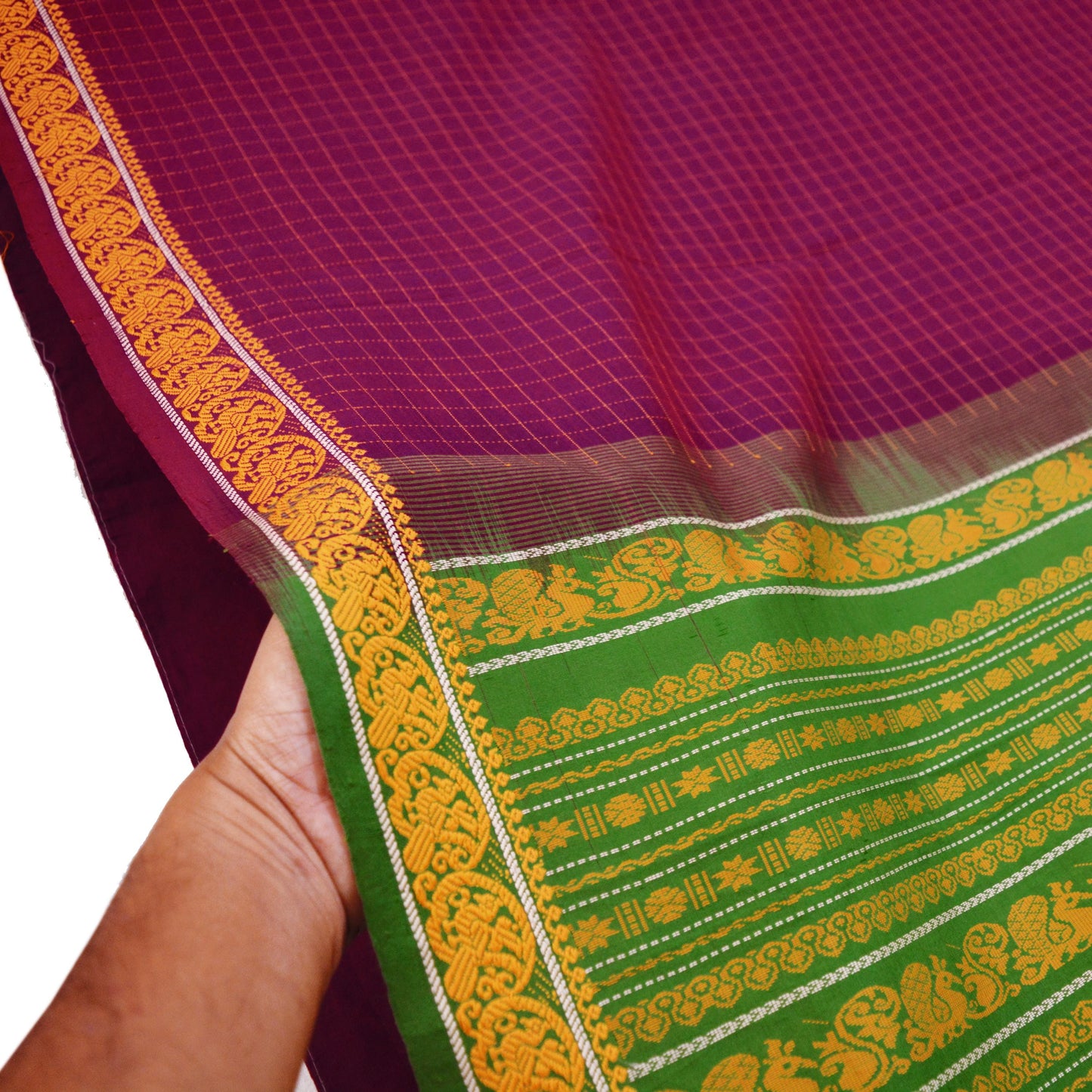 Indian Vintage Sari Purple & Green Pure Cotton Hand Woven Baluchari Saree 5yard Ethnic Fringes Peacock Fringes