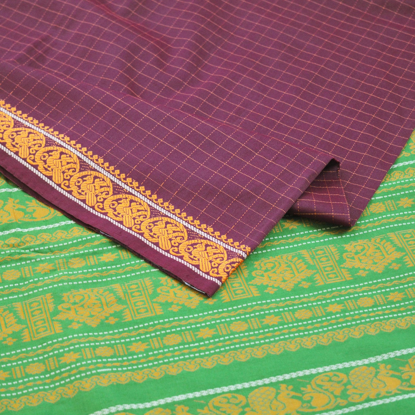 Indian Vintage Sari Purple & Green Pure Cotton Hand Woven Baluchari Saree 5yard Ethnic Fringes Peacock Fringes
