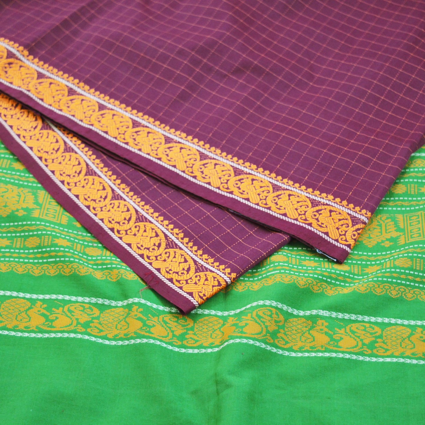 Indian Vintage Sari Purple & Green Pure Cotton Hand Woven Baluchari Saree 5yard Ethnic Fringes Peacock Fringes
