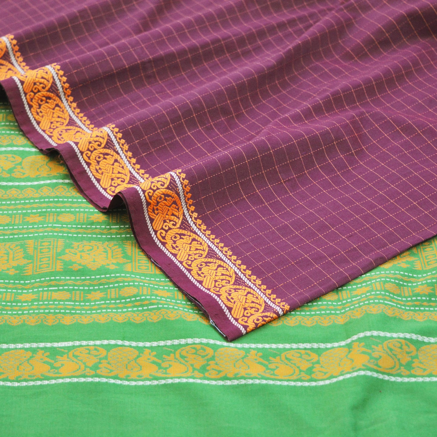 Indian Vintage Sari Purple & Green Pure Cotton Hand Woven Baluchari Saree 5yard Ethnic Fringes Peacock Fringes