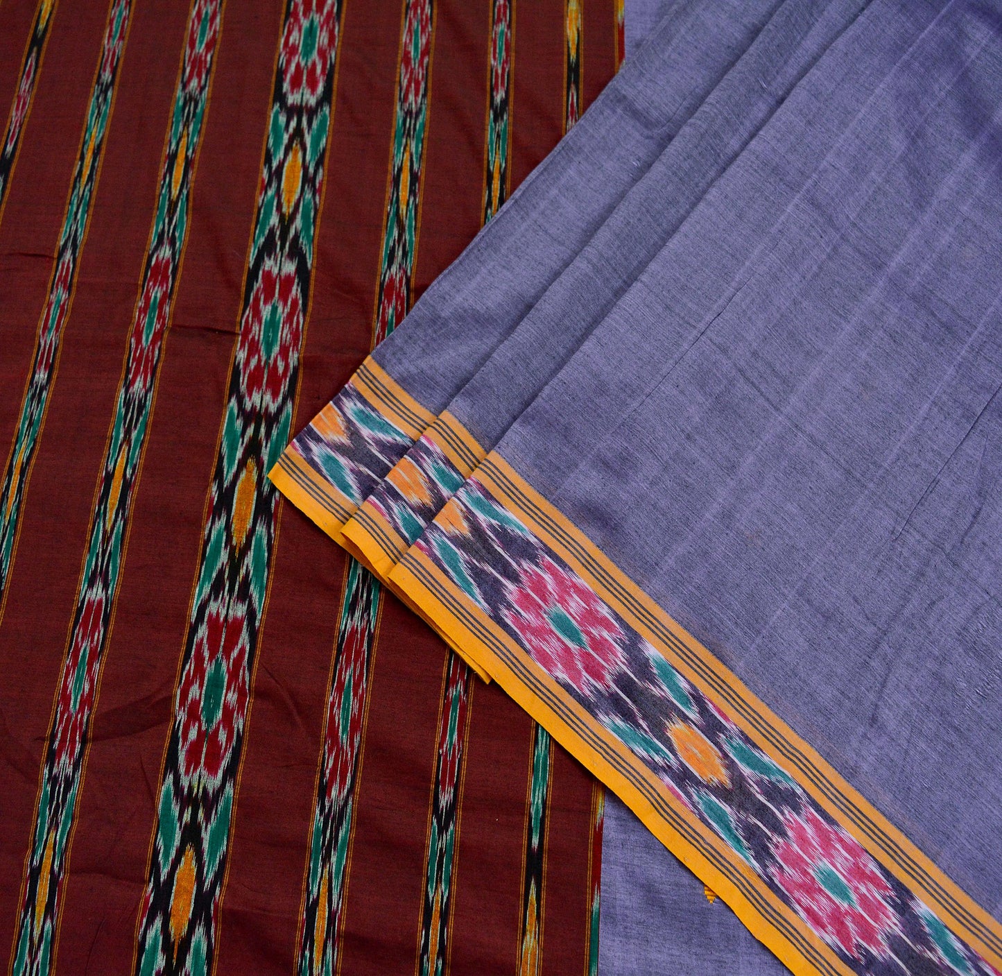 Indian Vintage Sari Purple & Maroon Pure Cotton Hand woven Sambalpuri Ikat Saree Ethnic Craft Fabric 5Yd Chackra Border Fringes Upcycle Soft