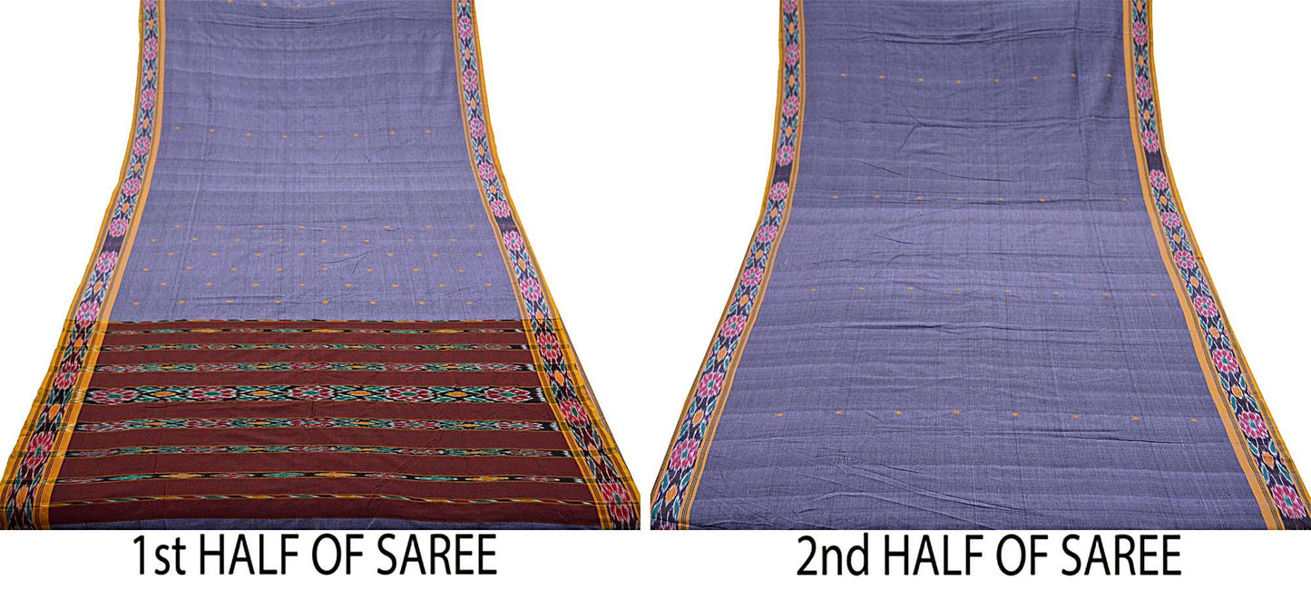 Indian Vintage Sari Purple & Maroon Pure Cotton Hand woven Sambalpuri Ikat Saree Ethnic Craft Fabric 5Yd Chackra Border Fringes Upcycle Soft