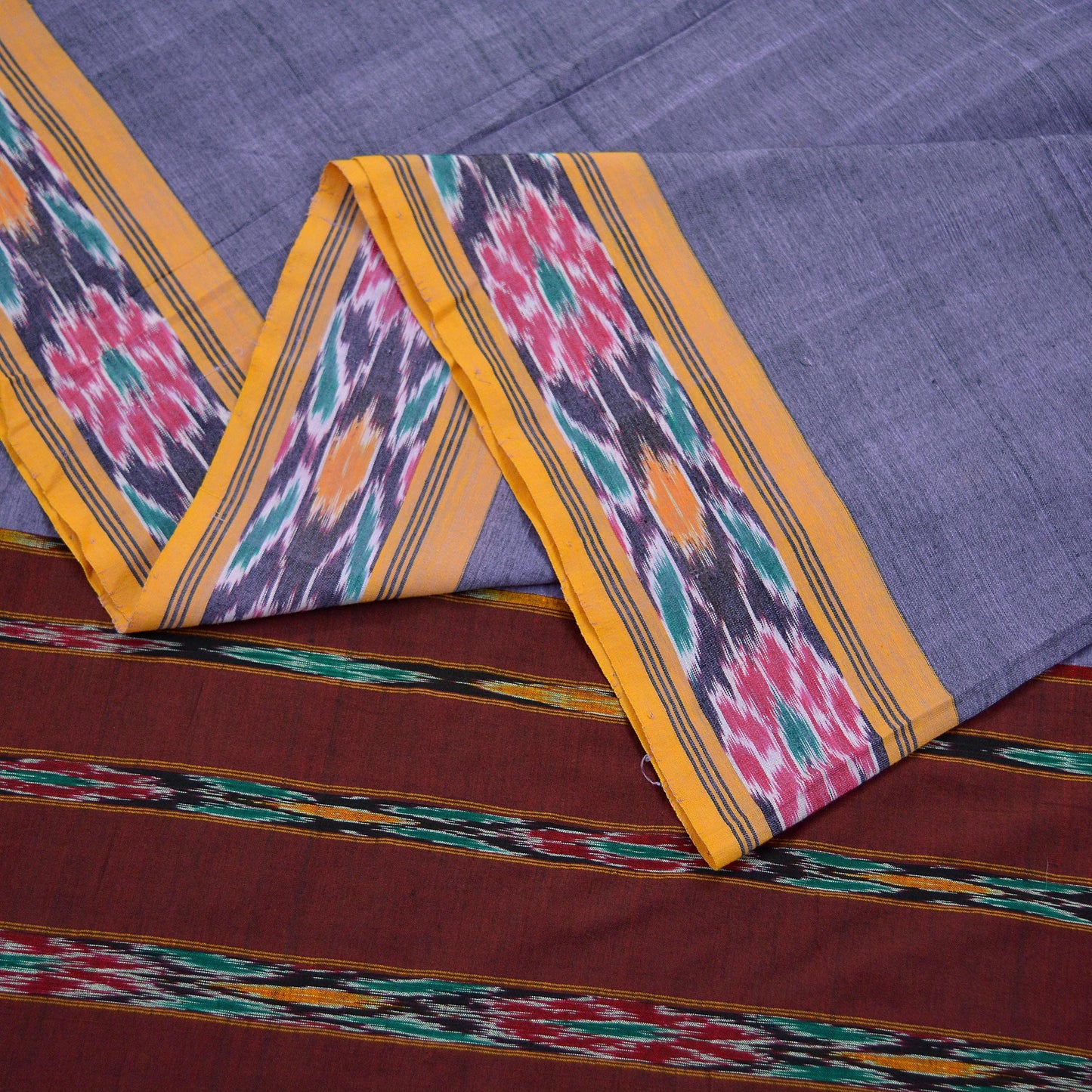 Indian Vintage Sari Purple & Maroon Pure Cotton Hand woven Sambalpuri Ikat Saree Ethnic Craft Fabric 5Yd Chackra Border Fringes Upcycle Soft