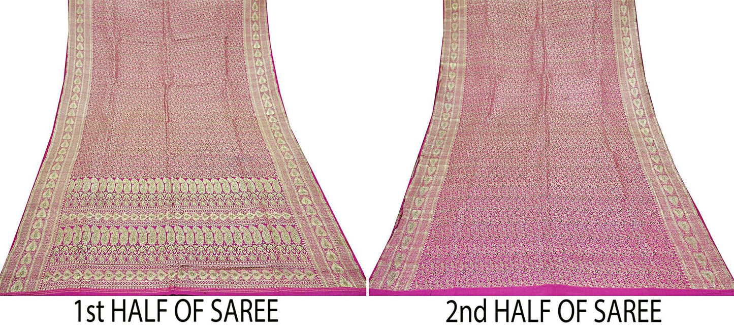 Indian Vintage Sari Heavy Wedding Pure Satin Silk Rani Pink Banarasi Brocade Saree Golden Zari 5Yd Ethnic Craft Fabric Upcycle Crafting used