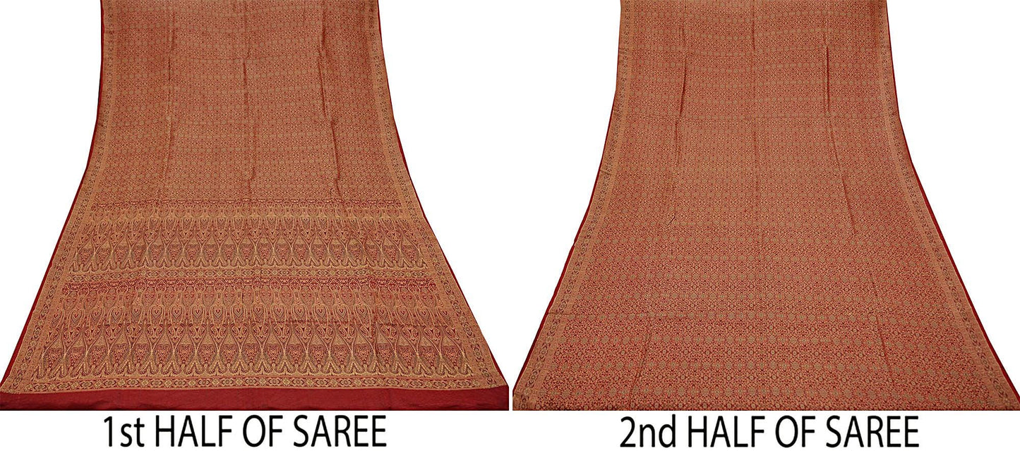 Indian Vintage Sari Maroon Heavy Wedding Pure Satin Silk Woven Banarasi Tanchoi Saree 5Yd Ethnic Craft Fabric Upcycle Bridal Heavy Sarees