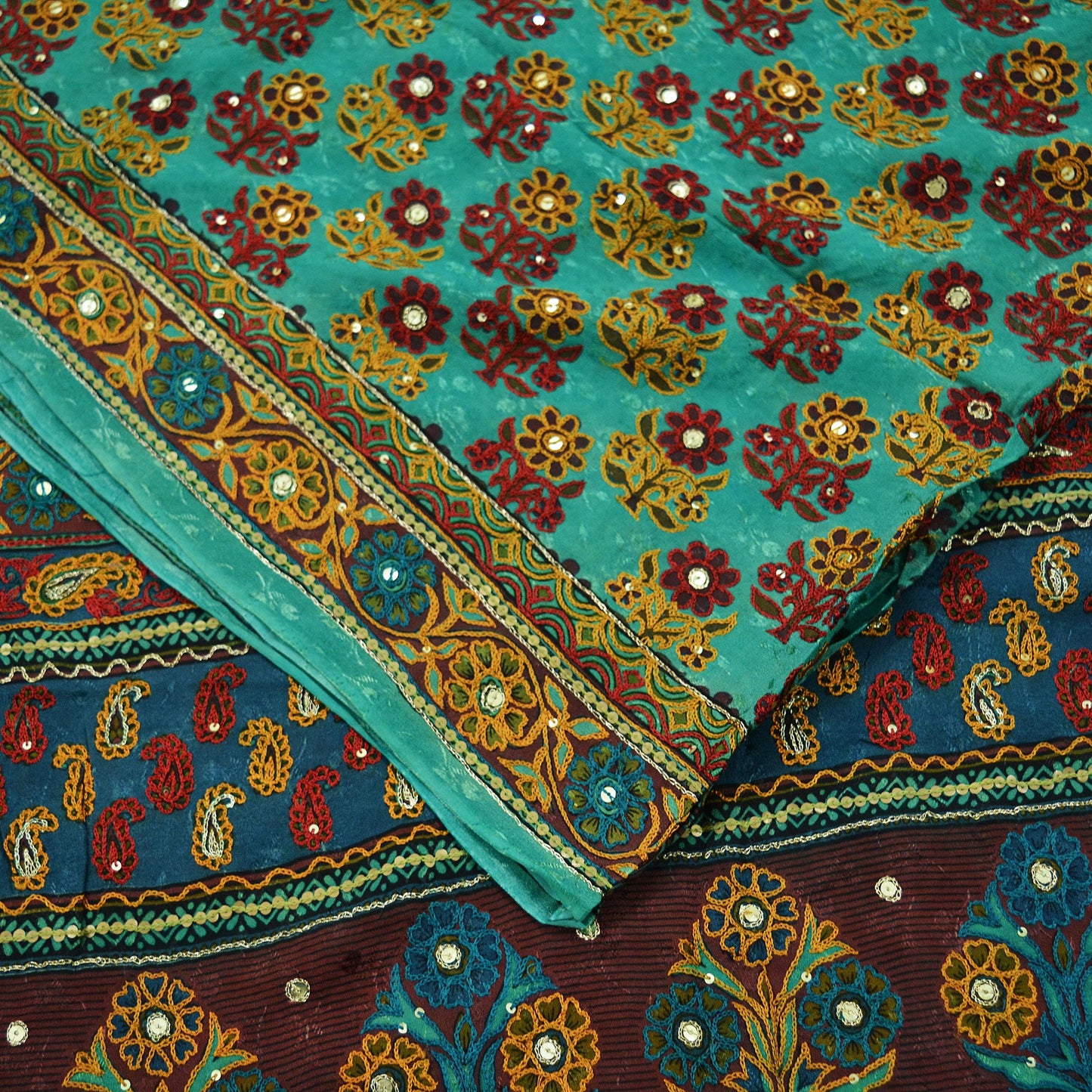 Indian Vintage Sari Green 100% Pure Silk Hand Embroidered Sarees 5yd Craft Fabric Zari Sequins Ethnic Upcycle Quilting Crafting Dress Making