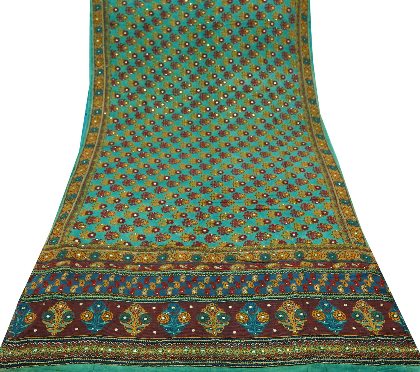 Indian Vintage Sari Green 100% Pure Silk Hand Embroidered Sarees 5yd Craft Fabric Zari Sequins Ethnic Upcycle Quilting Crafting Dress Making