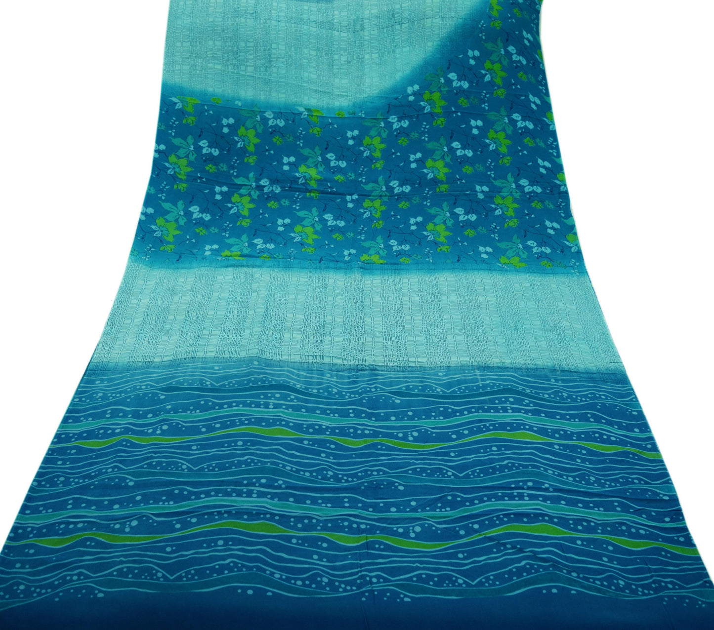 Indian Vintage Sari Blue & Green Pure Crepe Silk Printed Saree 5yard Sewing Floral Soft Craft Fabric Wrap