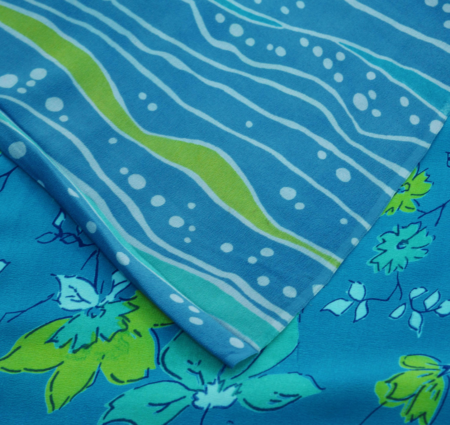 Indian Vintage Sari Blue & Green Pure Crepe Silk Printed Saree 5yard Sewing Floral Soft Craft Fabric Wrap