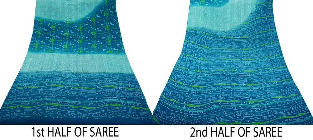 Indian Vintage Sari Blue & Green Pure Crepe Silk Printed Saree 5yard Sewing Floral Soft Craft Fabric Wrap