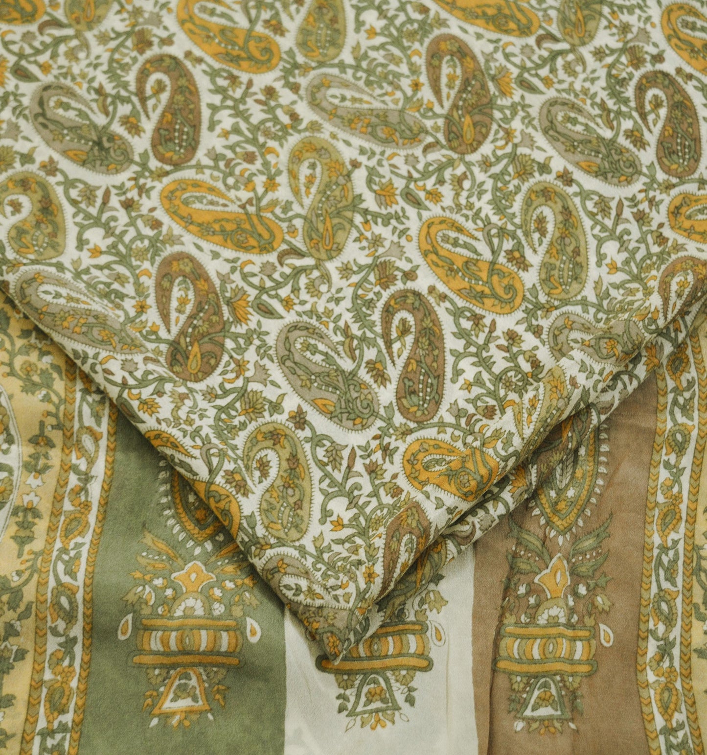 Indian Vintage Sari Ivory & Beige Pure Silk Printed Saree 6yd Sewing Paisley Craft Fabric DressMaking Soft Used Upcycled