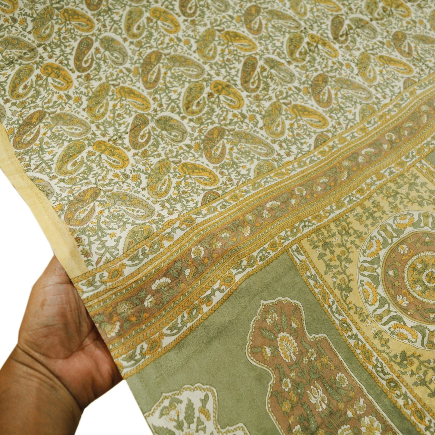 Indian Vintage Sari Ivory & Beige Pure Silk Printed Saree 6yd Sewing Paisley Craft Fabric DressMaking Soft Used Upcycled