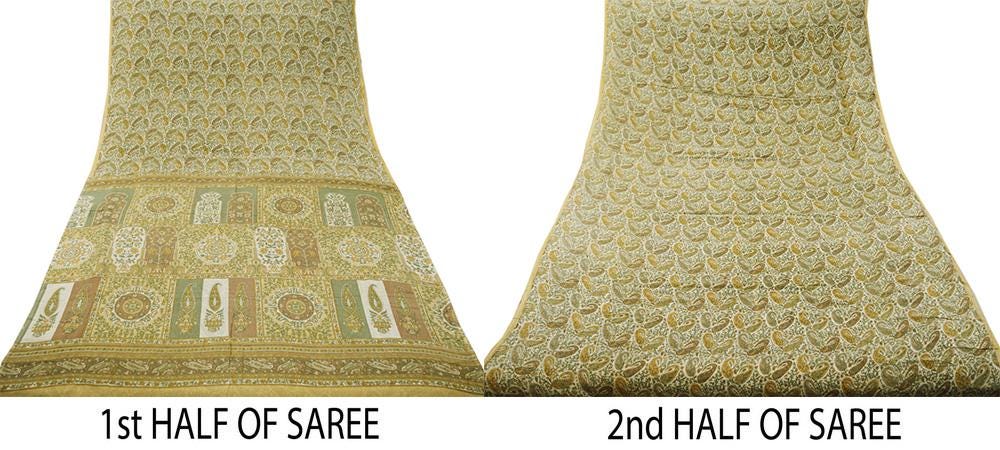 Indian Vintage Sari Ivory & Beige Pure Silk Printed Saree 6yd Sewing Paisley Craft Fabric DressMaking Soft Used Upcycled