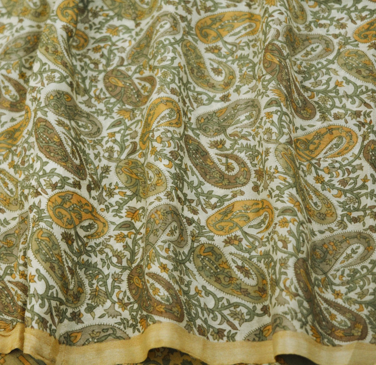 Indian Vintage Sari Ivory & Beige Pure Silk Printed Saree 6yd Sewing Paisley Craft Fabric DressMaking Soft Used Upcycled