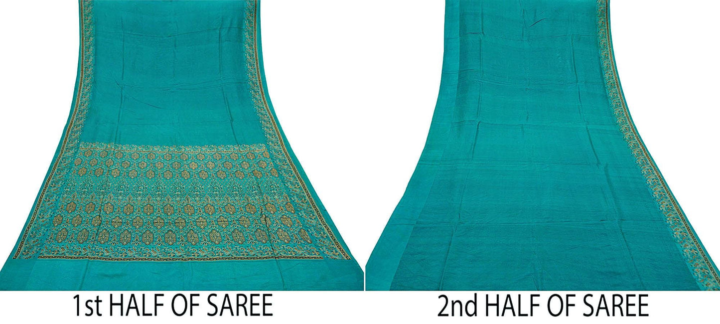 Indian Vintage Heavy Wedding Sari Teal Green Pure Satin Silk Woven Banarasi Tanchoi Sarees 5yd Craft Fabric Sewing Floral Quilting Upcycle