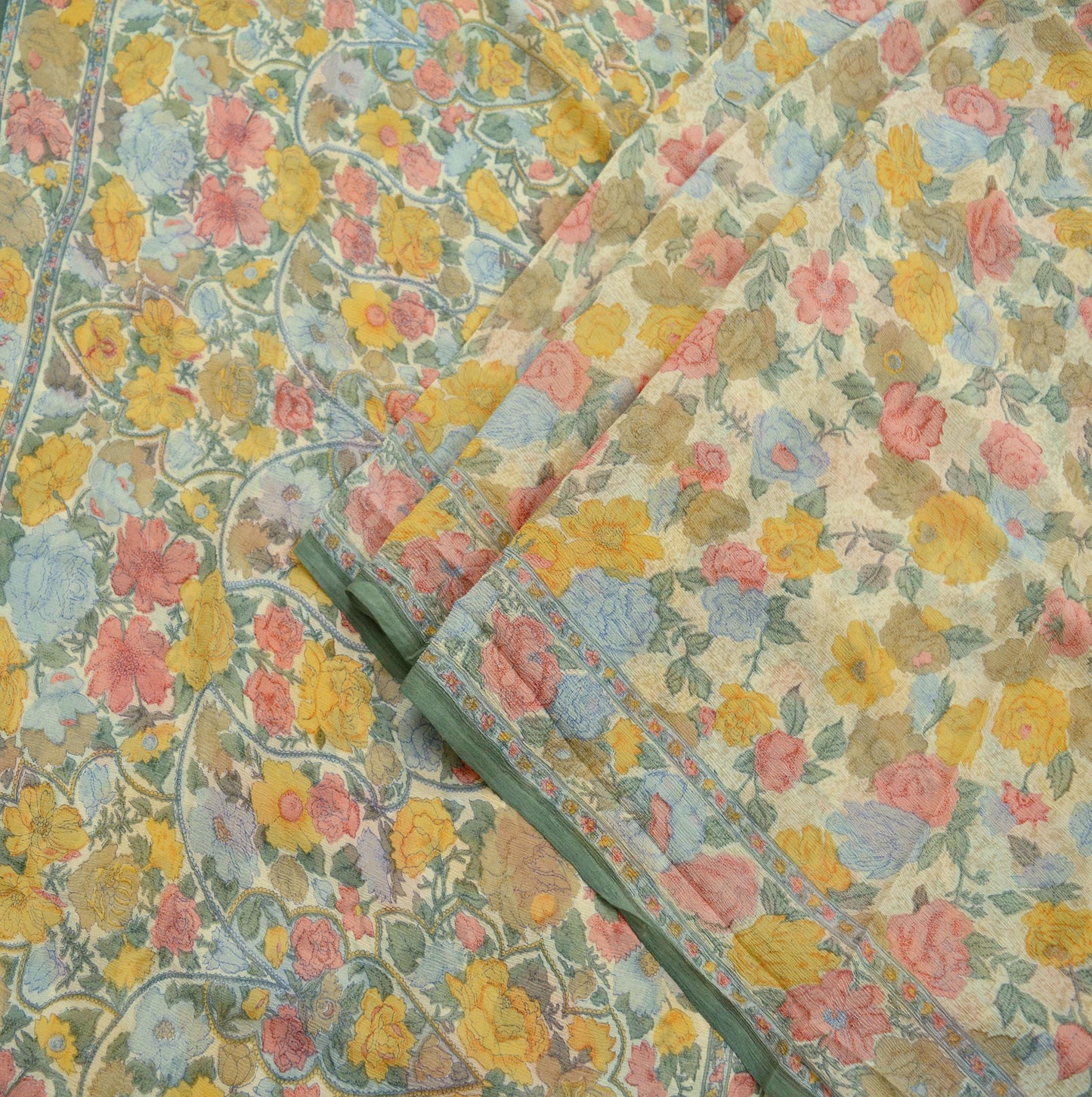 Indian Vintage Sari Green & Ivory Pure Chiffon Silk Printed Sarees 6Yd Craft Fabric Sewing Soft Light Sari Dress Making Upcycle Quilting