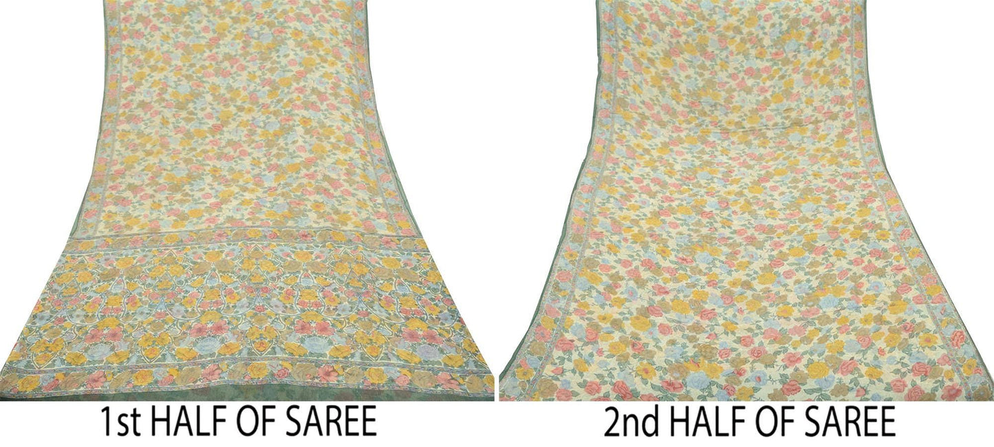 Indian Vintage Sari Green & Ivory Pure Chiffon Silk Printed Sarees 6Yd Craft Fabric Sewing Soft Light Sari Dress Making Upcycle Quilting