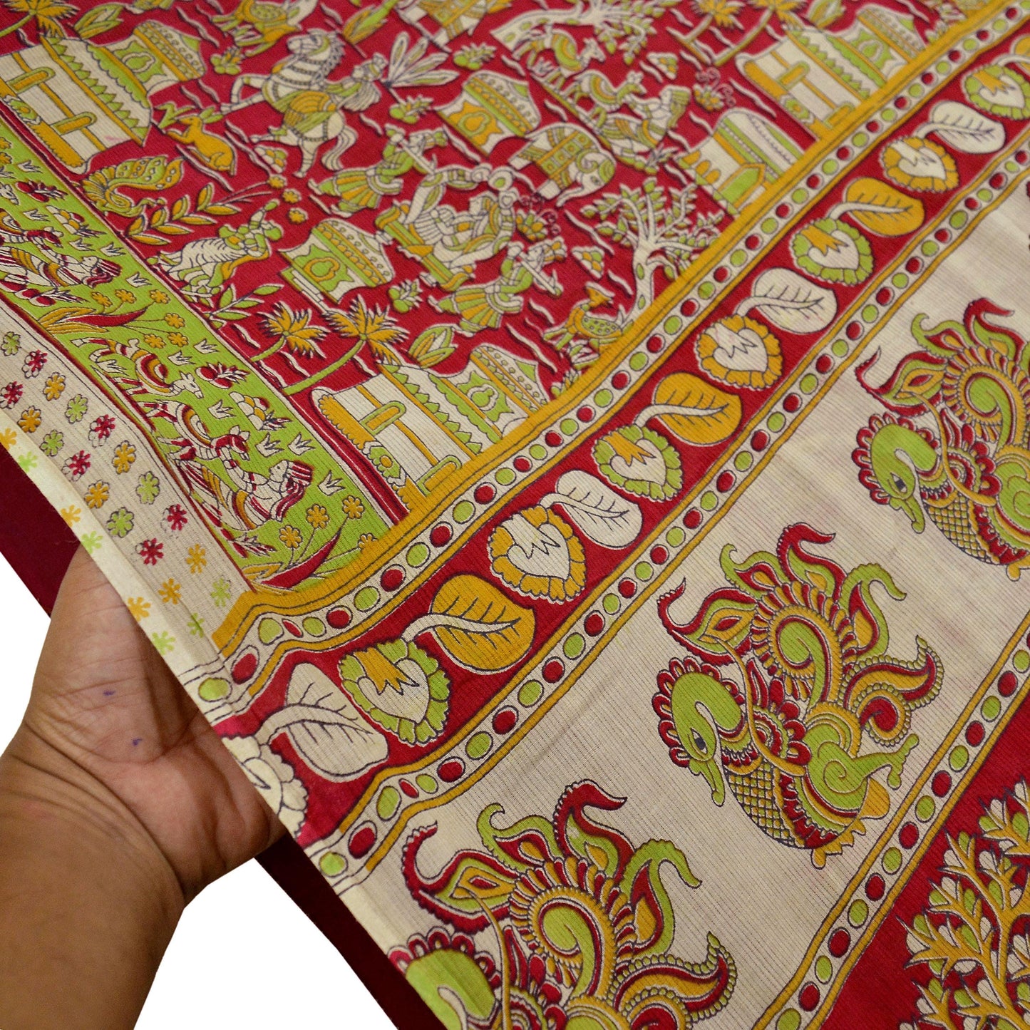 Indian Vintage Sari Red Pure Cotton Kalamkari Sarees 5Yd Craft Fabric Sewing Soft Peacock Ethnic Quilting Upcycle Sarong Used Dress Making