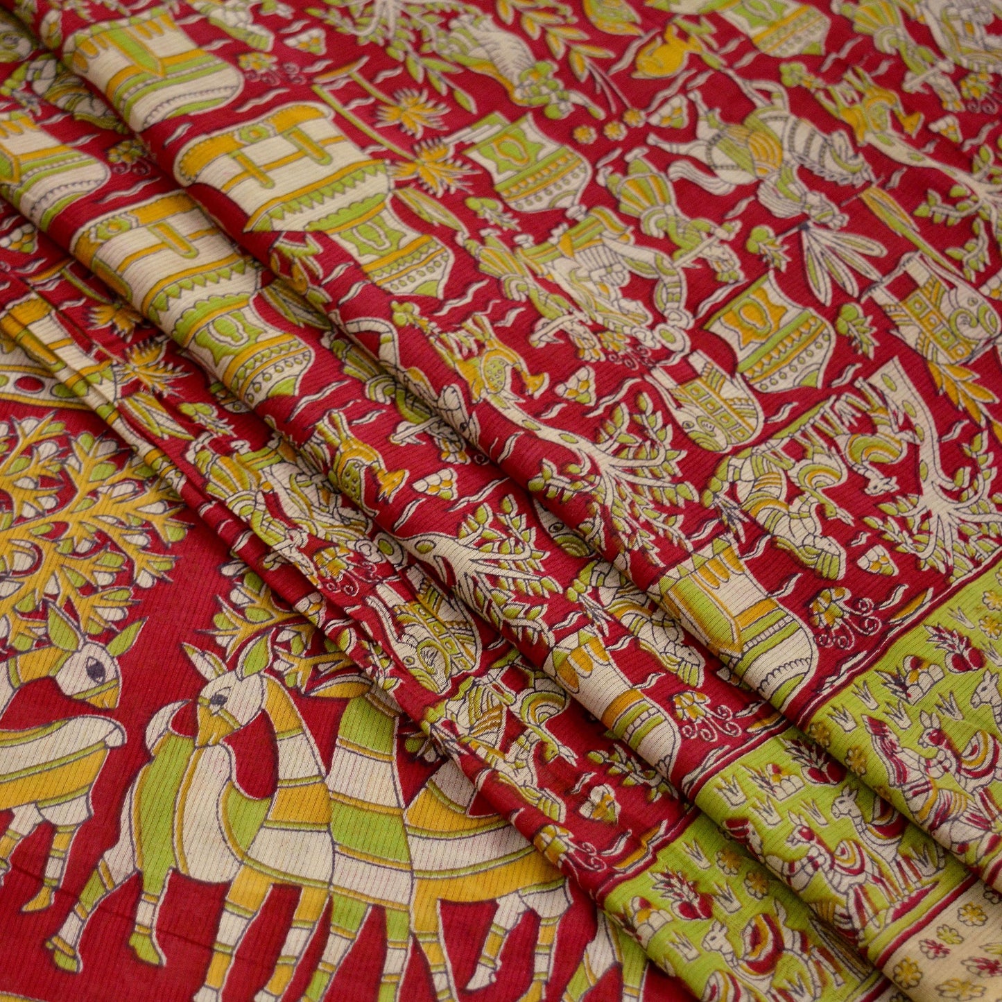 Indian Vintage Sari Red Pure Cotton Kalamkari Sarees 5Yd Craft Fabric Sewing Soft Peacock Ethnic Quilting Upcycle Sarong Used Dress Making