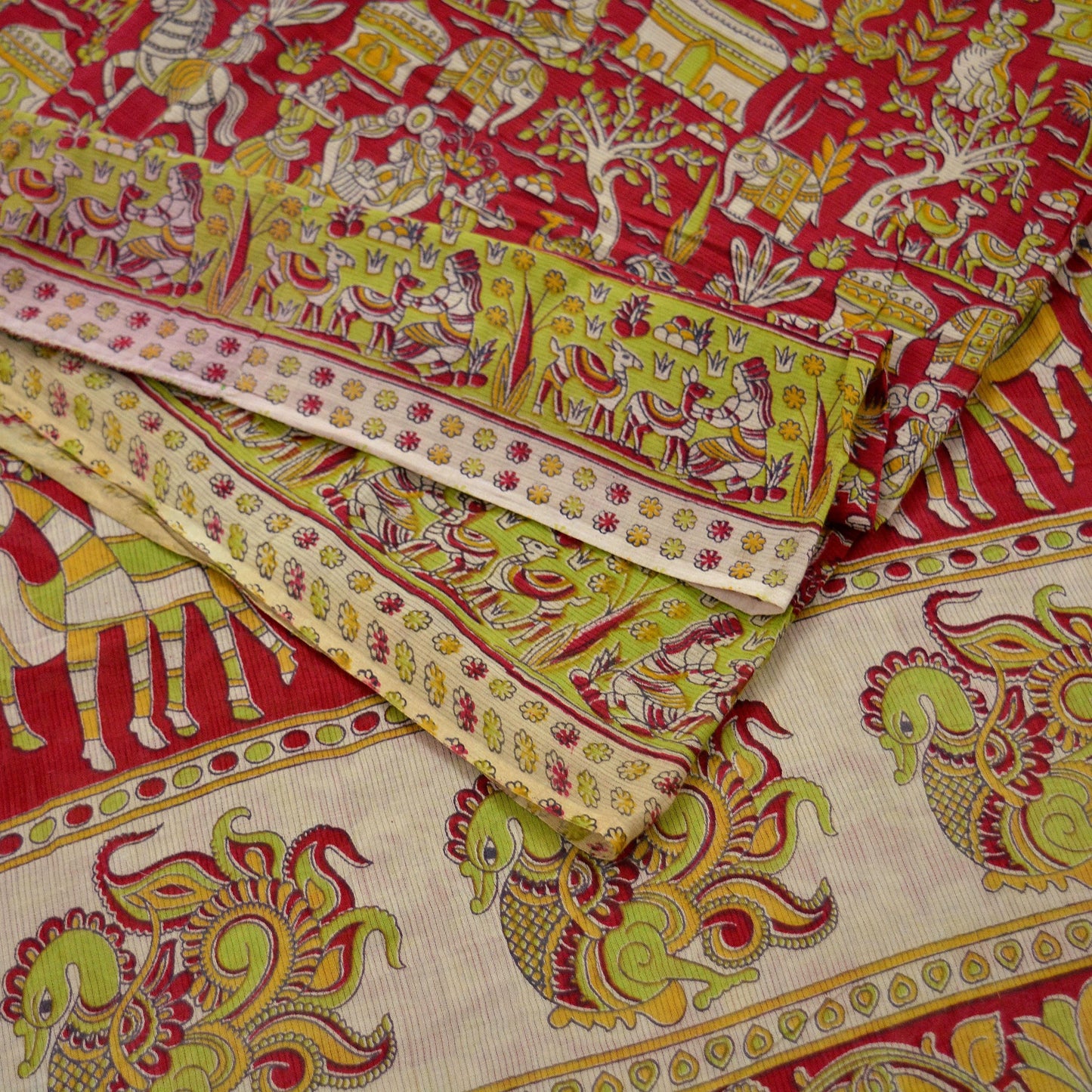 Indian Vintage Sari Red Pure Cotton Kalamkari Sarees 5Yd Craft Fabric Sewing Soft Peacock Ethnic Quilting Upcycle Sarong Used Dress Making