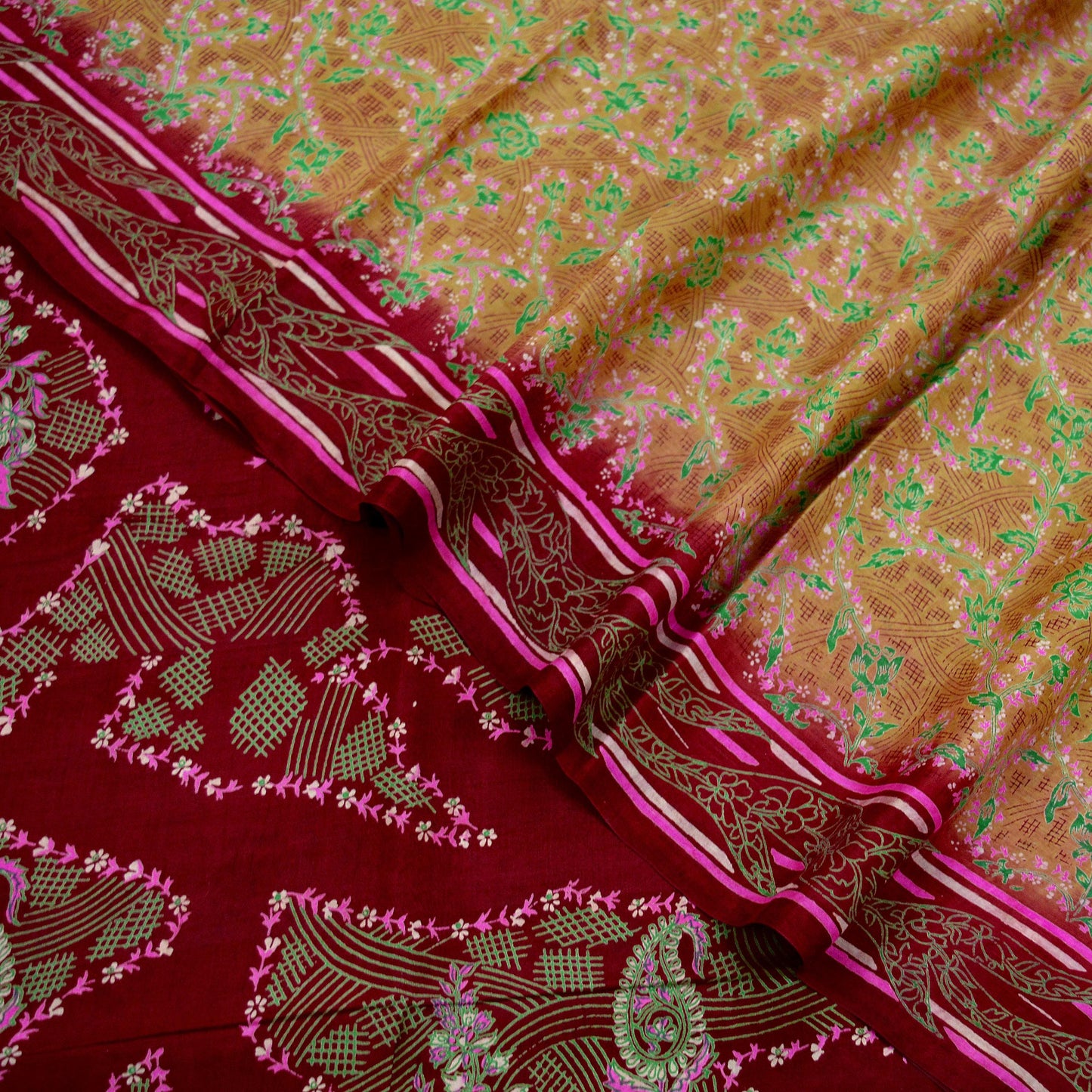 Indian Vintage Sari Beige & Maroon 100% Pure Silk Printed Sarees Craft Fabric 6yd Sewing Dress Making Soft Floral Upcycle Quilting Crating