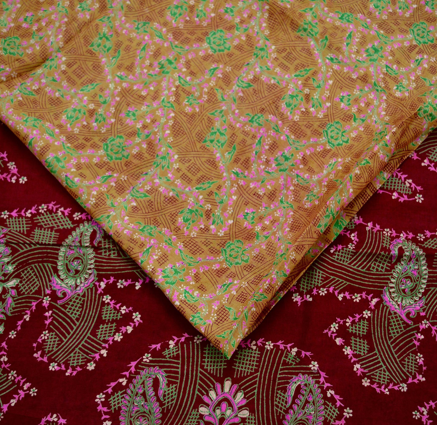 Indian Vintage Sari Beige & Maroon 100% Pure Silk Printed Sarees Craft Fabric 6yd Sewing Dress Making Soft Floral Upcycle Quilting Crating