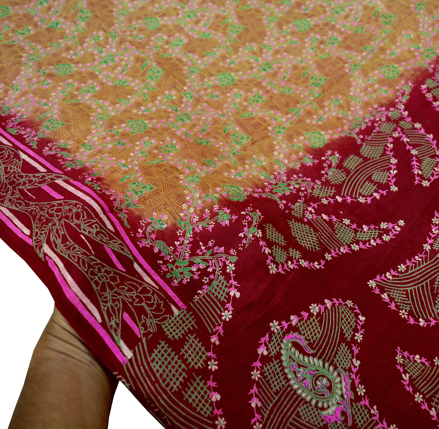 Indian Vintage Sari Beige & Maroon 100% Pure Silk Printed Sarees Craft Fabric 6yd Sewing Dress Making Soft Floral Upcycle Quilting Crating