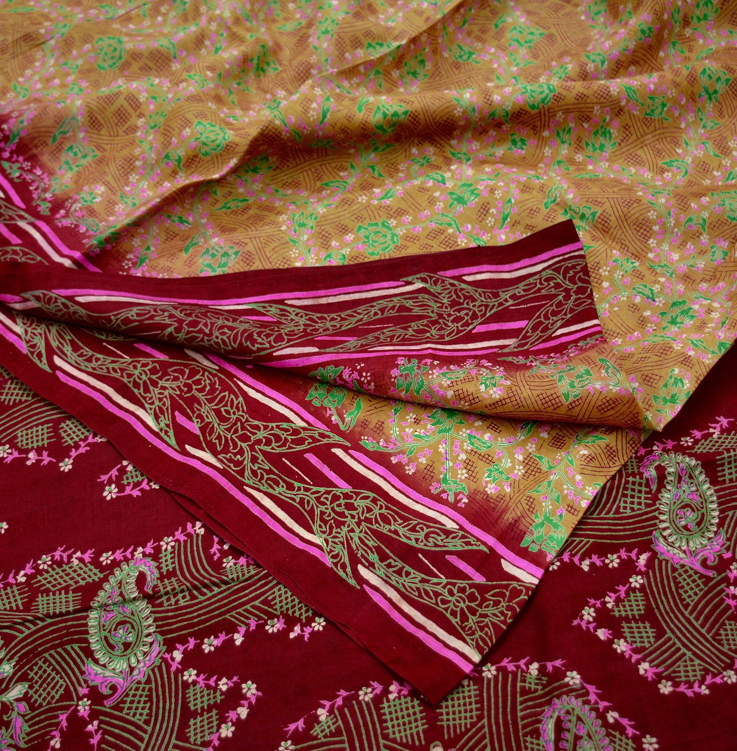 Indian Vintage Sari Beige & Maroon 100% Pure Silk Printed Sarees Craft Fabric 6yd Sewing Dress Making Soft Floral Upcycle Quilting Crating