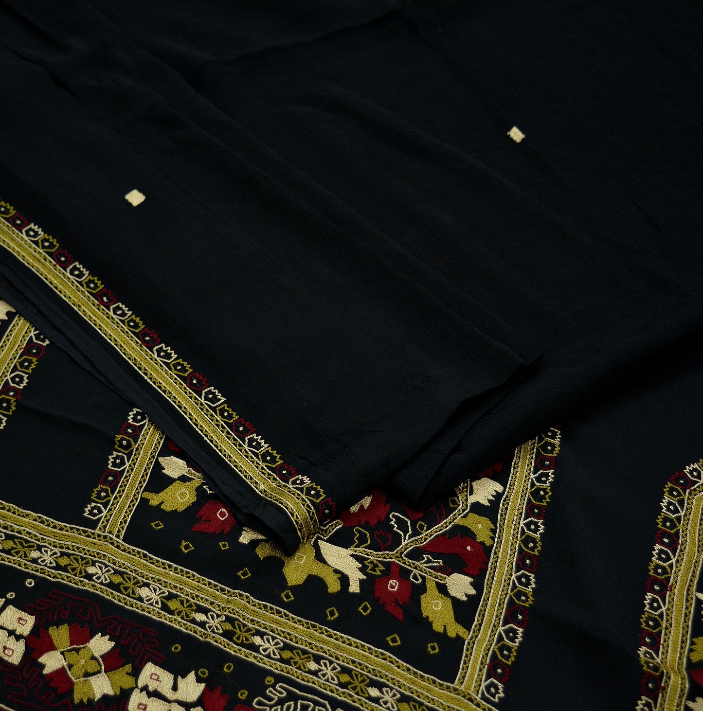Indian Vintage Sari Black Pure Chiffon Silk Hand Embroidered Sarees Craft Fabric 5Yd Soft Dress Making Sewing Quilting For Crafting Used