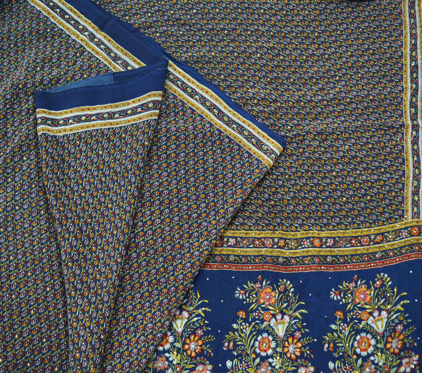 Indian Vintage Sari Blue Pure Crepe Silk Mukesh Work Printed Sarees 5yd Sewing Craft Fabric Floral Soft Ethnic Upcycle Dress Making Quilting