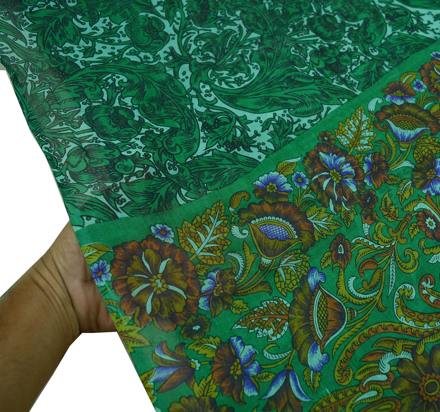 Indian Vintage Sari Green Pure Silk Printed Sarees 5yd Sewing Craft Fabric Dress Making Peacock Wrap Upcycle Used Quilting Crafting