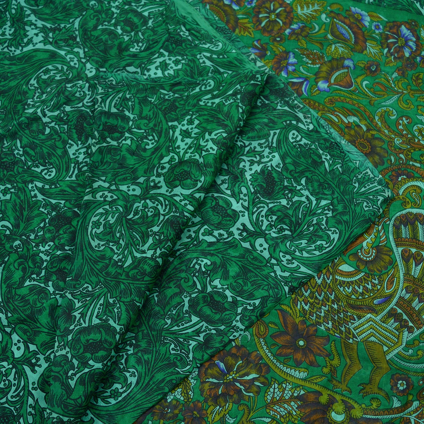 Indian Vintage Sari Green Pure Silk Printed Sarees 5yd Sewing Craft Fabric Dress Making Peacock Wrap Upcycle Used Quilting Crafting