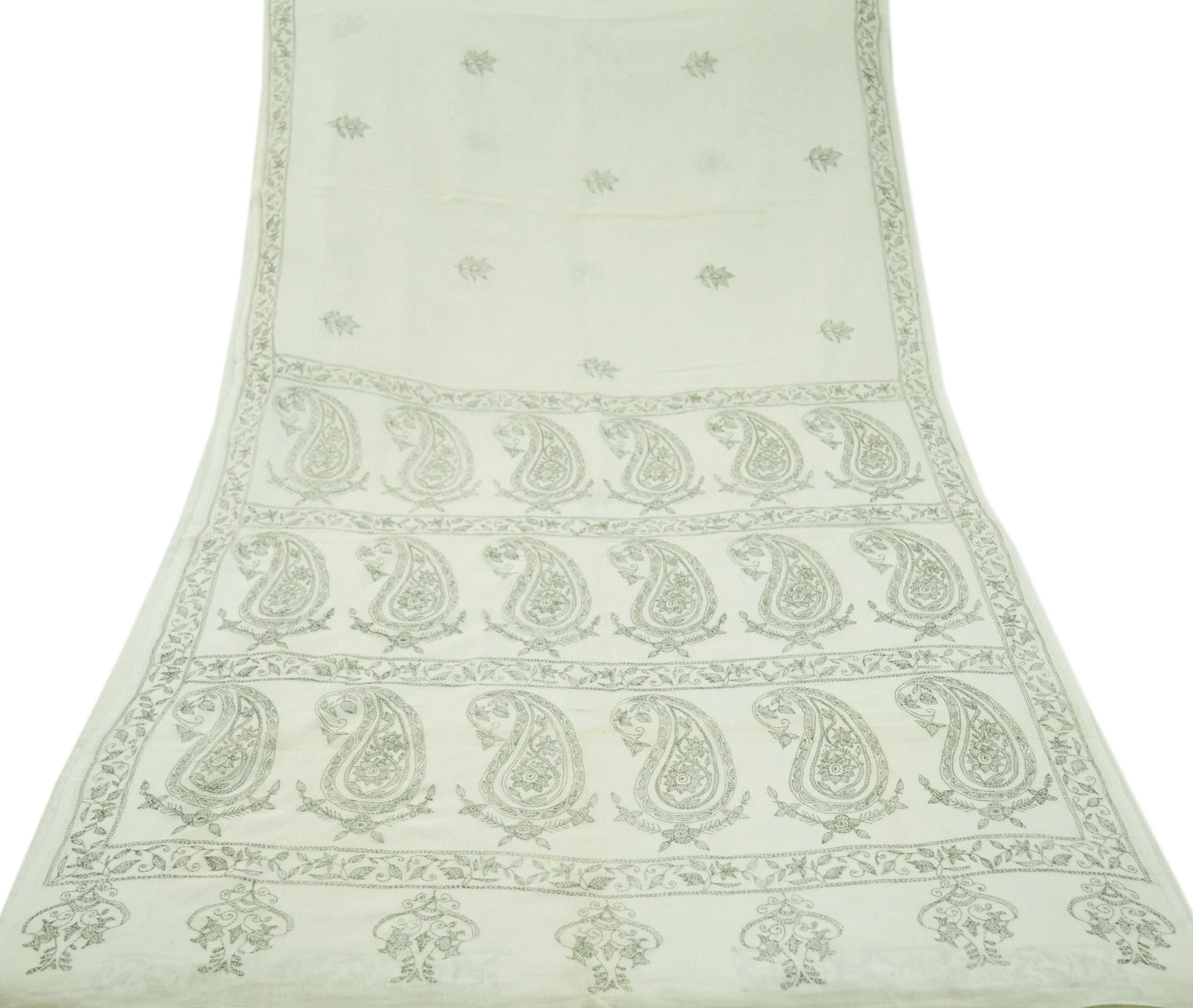 Indian Vintage Sari White Pure Cotton Hand Embroidered Kantha Saree Fabric 6yard Sewing Floral Soft Sequins