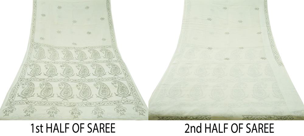 Indian Vintage Sari White Pure Cotton Hand Embroidered Kantha Saree Fabric 6yard Sewing Floral Soft Sequins
