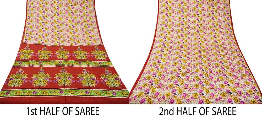 Indian Vintage Sari Ivory & Red Pure Silk Printed Saree 5yd Sewing Craft Fabric DressMaking Soft Wrap Upcycle Used