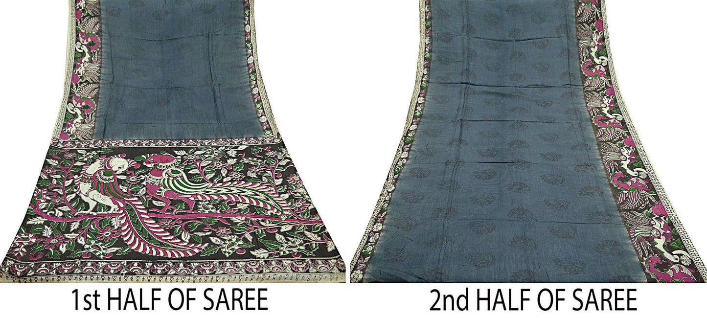 Indian Vintage Sari Gray & Brown Pure Cotton Hand Kalamkari Sarees Craft Fabric 5Yd Peacock Soft Sewing Sarong Quilting Crafting Upcycle