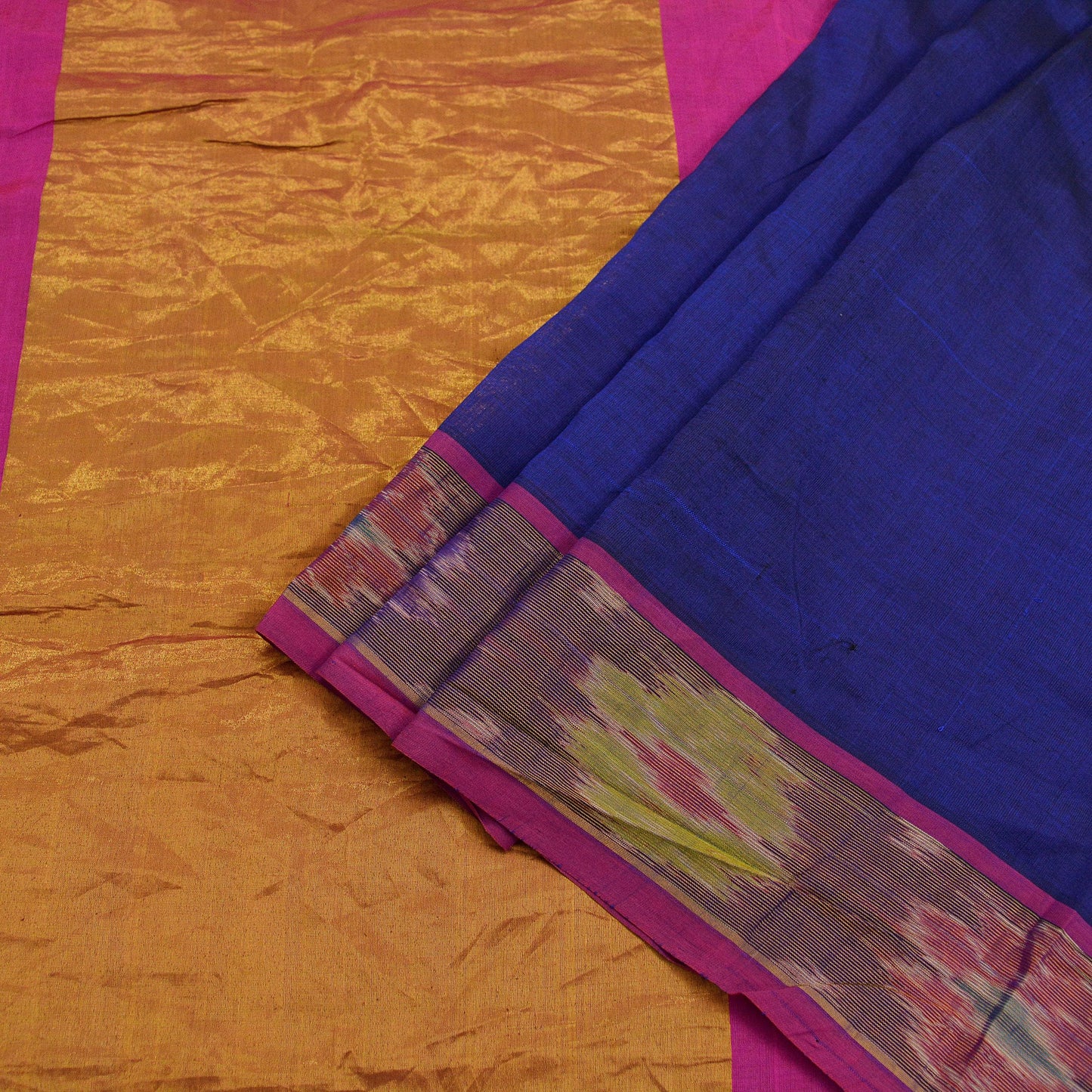 Indian Vintage Sari Blue & Pink Blend Cotton Hand Woven Saree Fabric 5Yd Golden Zari Border Fringes on pallu Dress making Bollywood Sarees