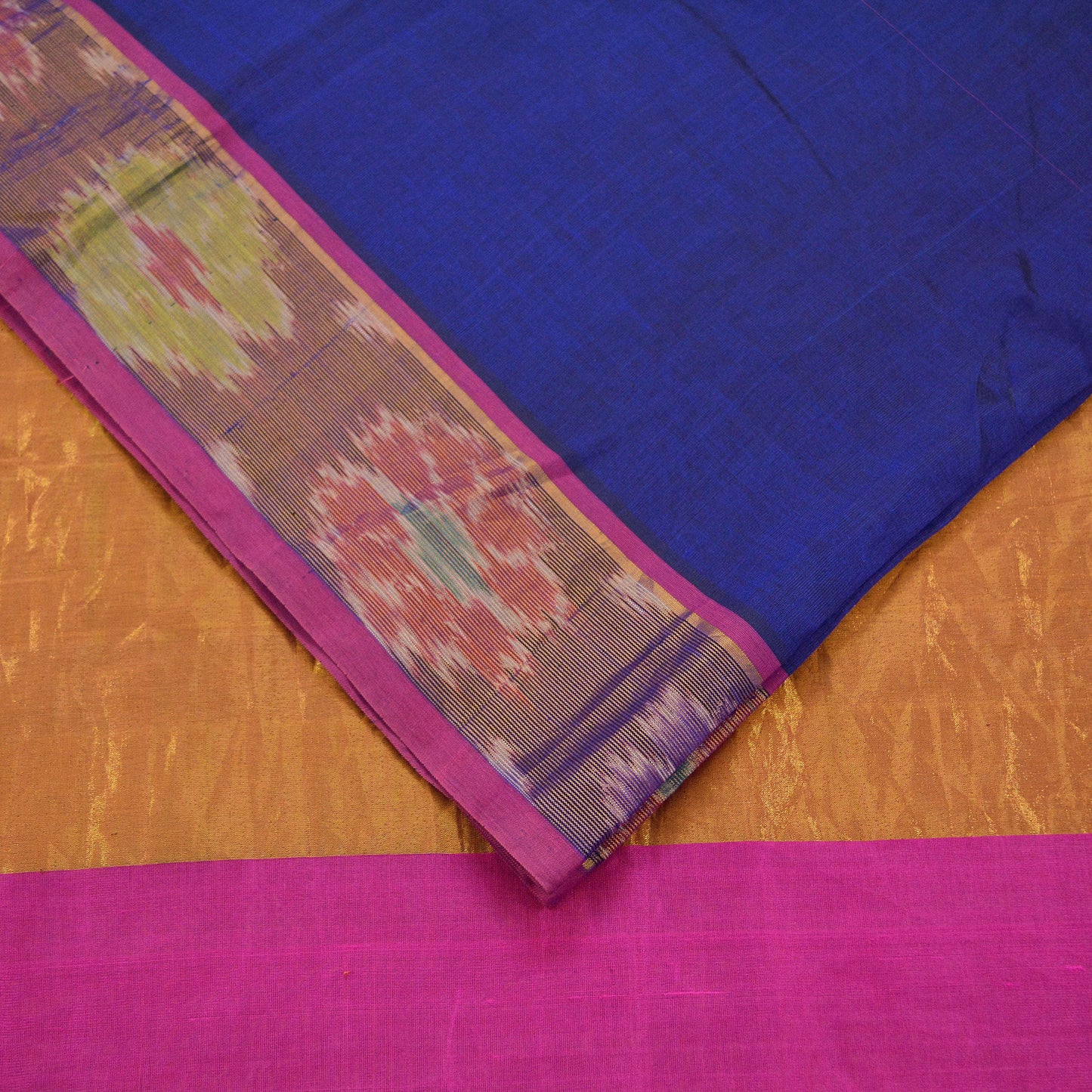 Indian Vintage Sari Blue & Pink Blend Cotton Hand Woven Saree Fabric 5Yd Golden Zari Border Fringes on pallu Dress making Bollywood Sarees