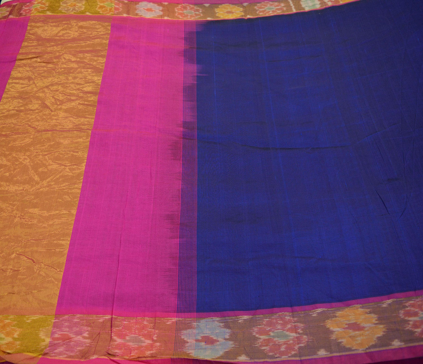 Indian Vintage Sari Blue & Pink Blend Cotton Hand Woven Saree Fabric 5Yd Golden Zari Border Fringes on pallu Dress making Bollywood Sarees