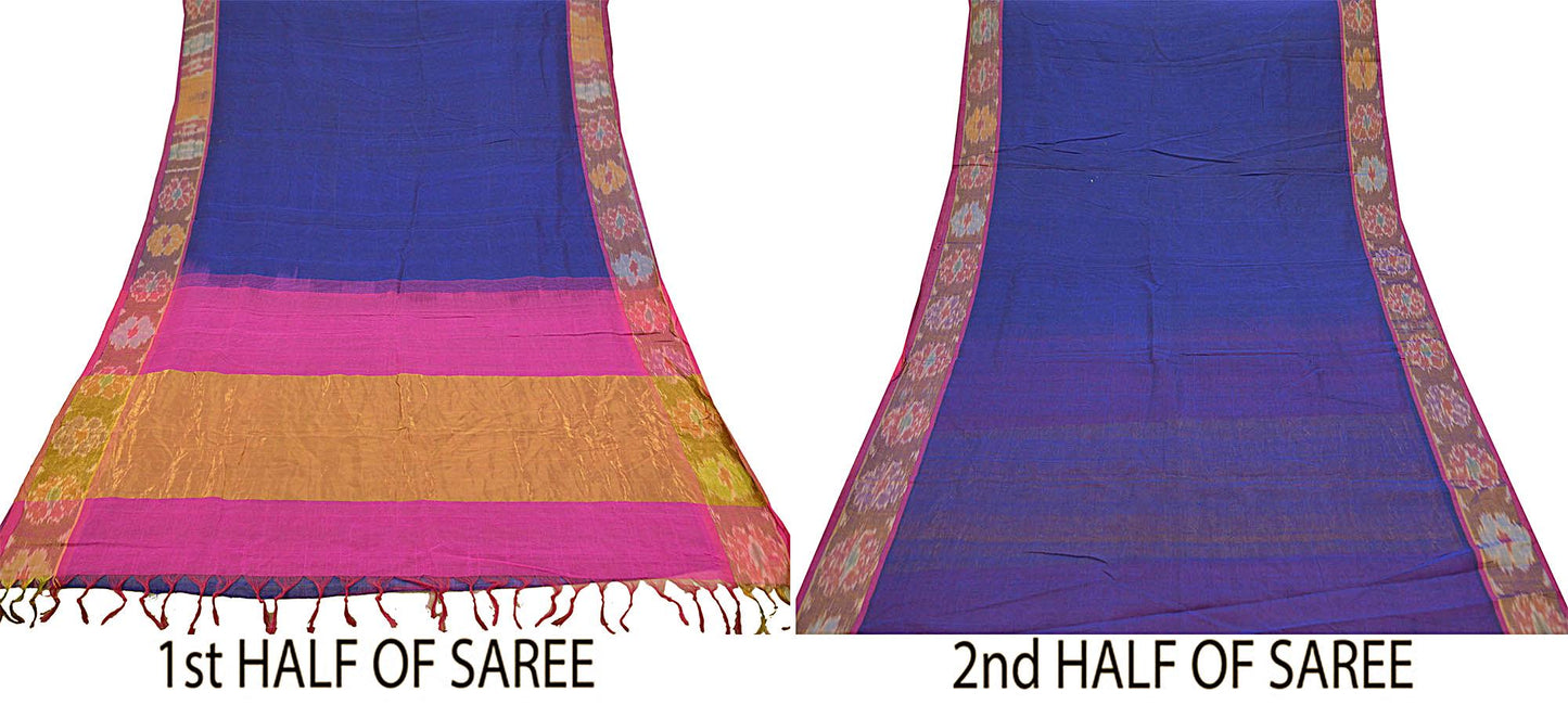 Indian Vintage Sari Blue & Pink Blend Cotton Hand Woven Saree Fabric 5Yd Golden Zari Border Fringes on pallu Dress making Bollywood Sarees