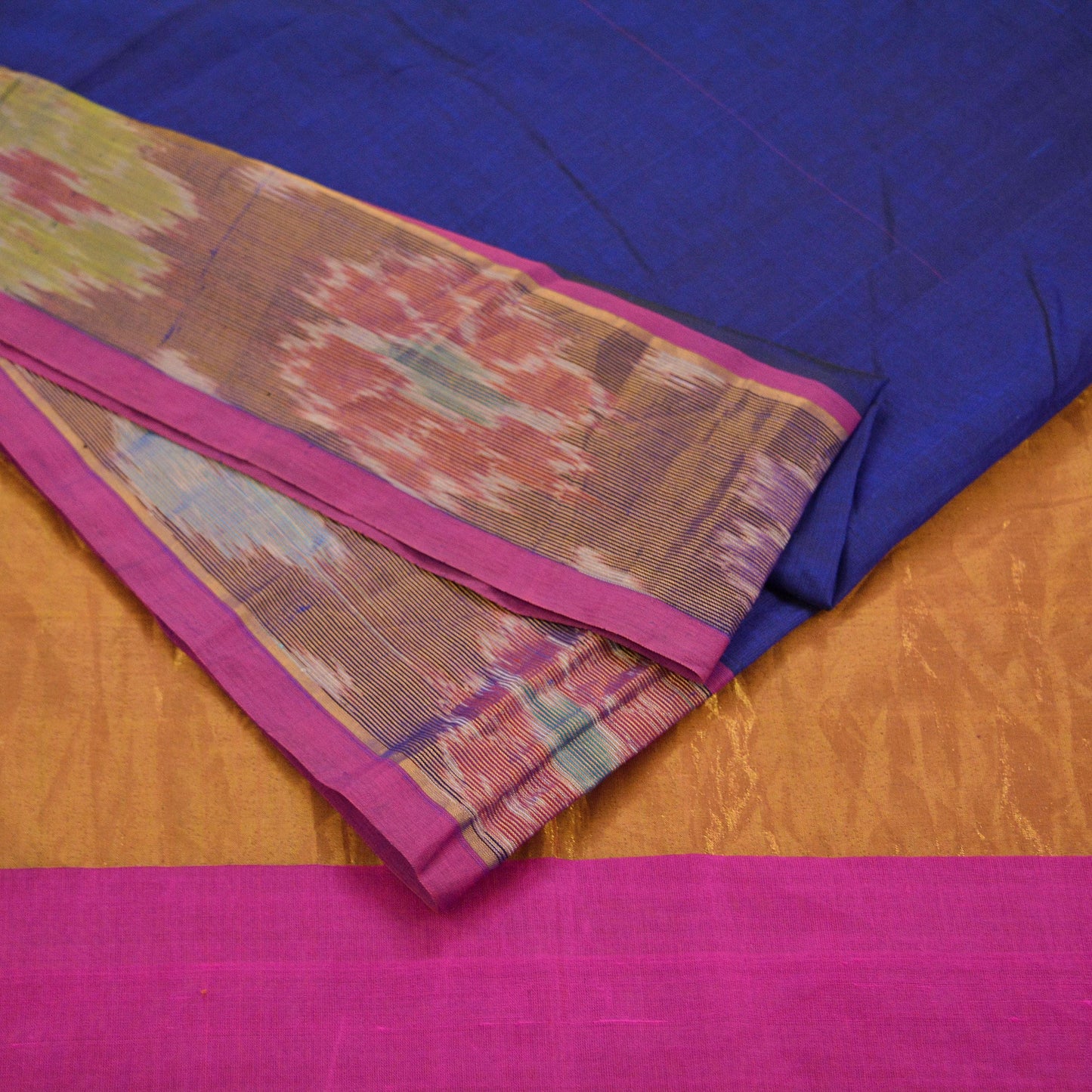 Indian Vintage Sari Blue & Pink Blend Cotton Hand Woven Saree Fabric 5Yd Golden Zari Border Fringes on pallu Dress making Bollywood Sarees