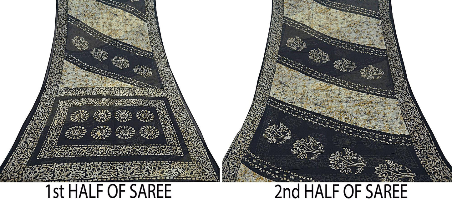 Indian Vintage Beige & Black Saree Batik Printed 100% Pure Cotton Indian Sari Craft Fabric 5Yd Soft Sewing Sarong Wrap Boho Quilting Upcycle