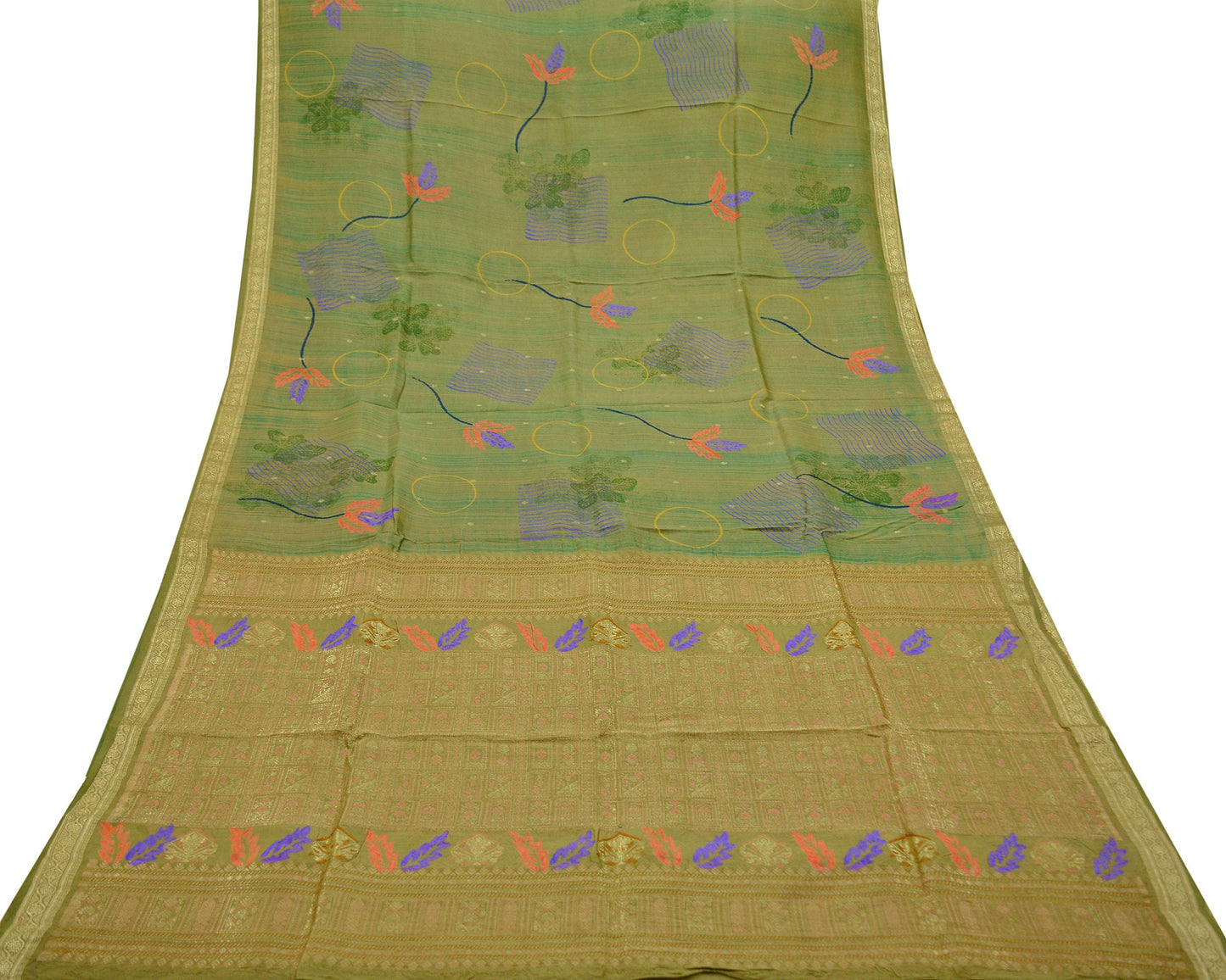 Indian Vintage Sari Green Pure Silk Hand Woven Sarees Craft Fabric 5Yd Sewing Ethnic Zari Border Dress Making Crafting Quilting Upcycle