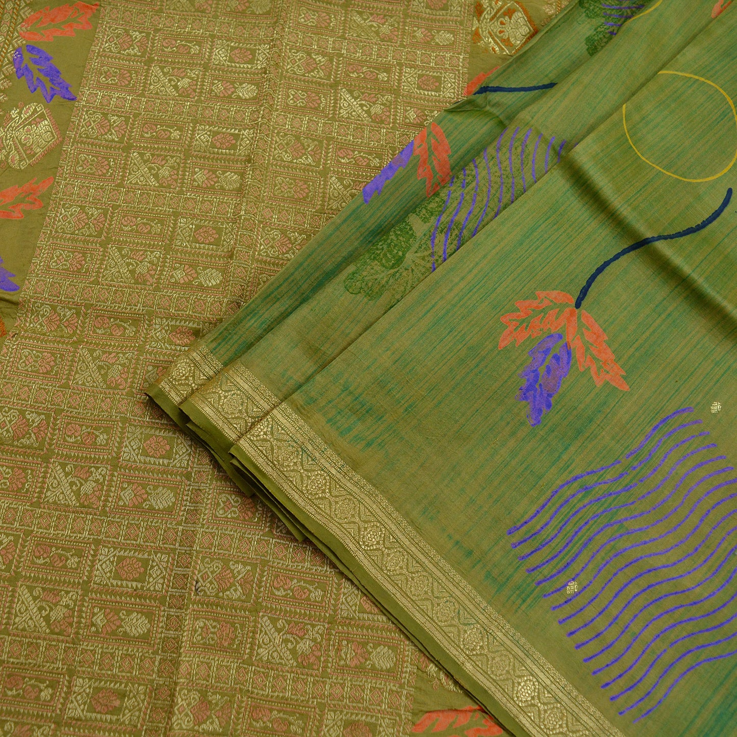Indian Vintage Sari Green Pure Silk Hand Woven Sarees Craft Fabric 5Yd Sewing Ethnic Zari Border Dress Making Crafting Quilting Upcycle