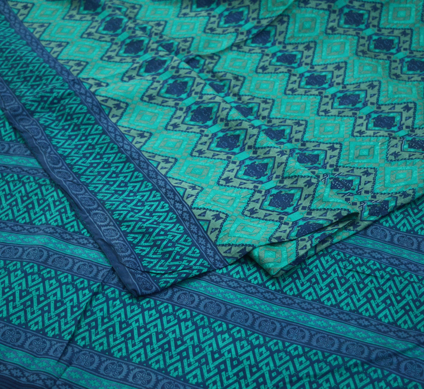 Indian Vintage Sari Green & Blue 100% Pure Silk Printed Sarees 5yd Sewing Craft Fabric DressMaking Soft Wrap