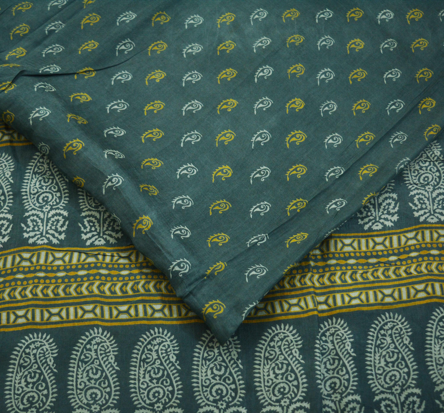 Indian Vintage Sari Gray 100% Pure Silk Block Printed Saree 6yard Sewing Craft Fabric DressMaking Soft Floral