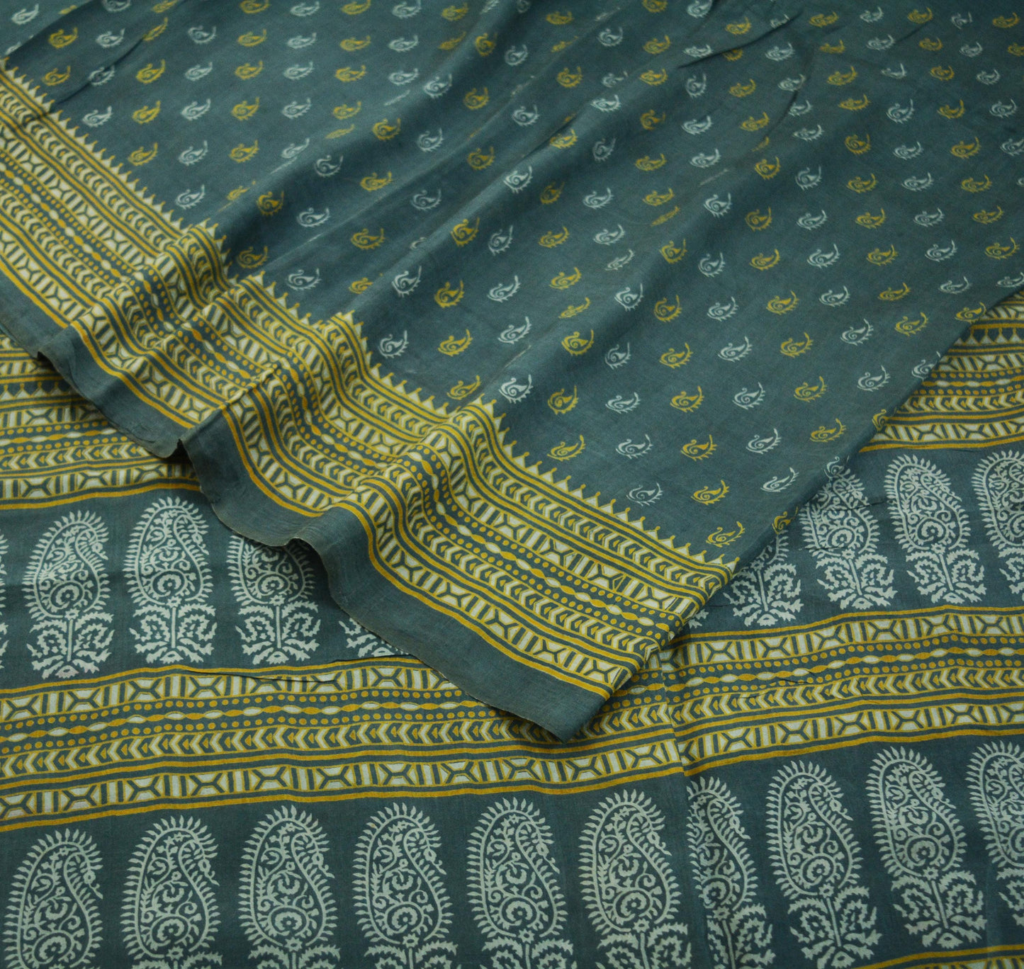 Indian Vintage Sari Gray 100% Pure Silk Block Printed Saree 6yard Sewing Craft Fabric DressMaking Soft Floral
