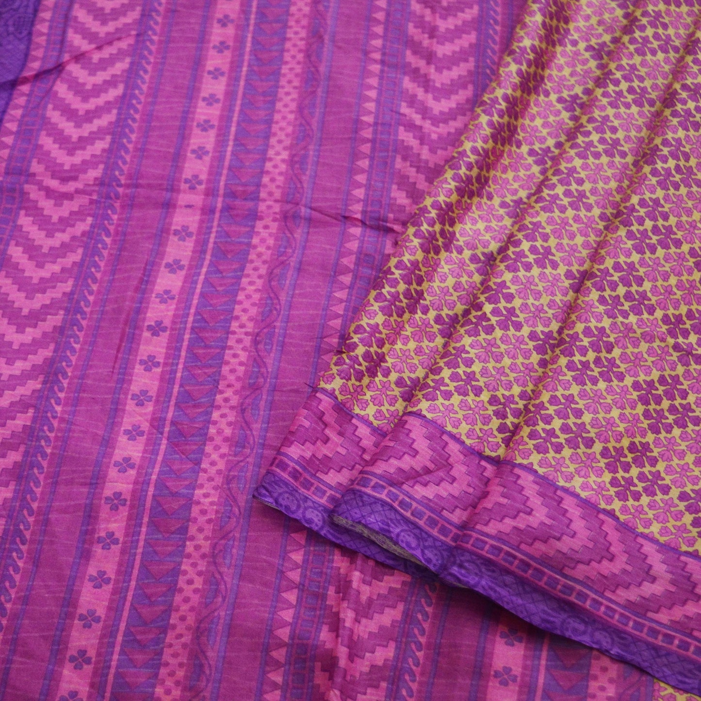 Indian Vintage Sari Beige & Purple 100% Pure Silk Printed Saree 5yd Sewing Craft Fabric DressMaking Soft Floral